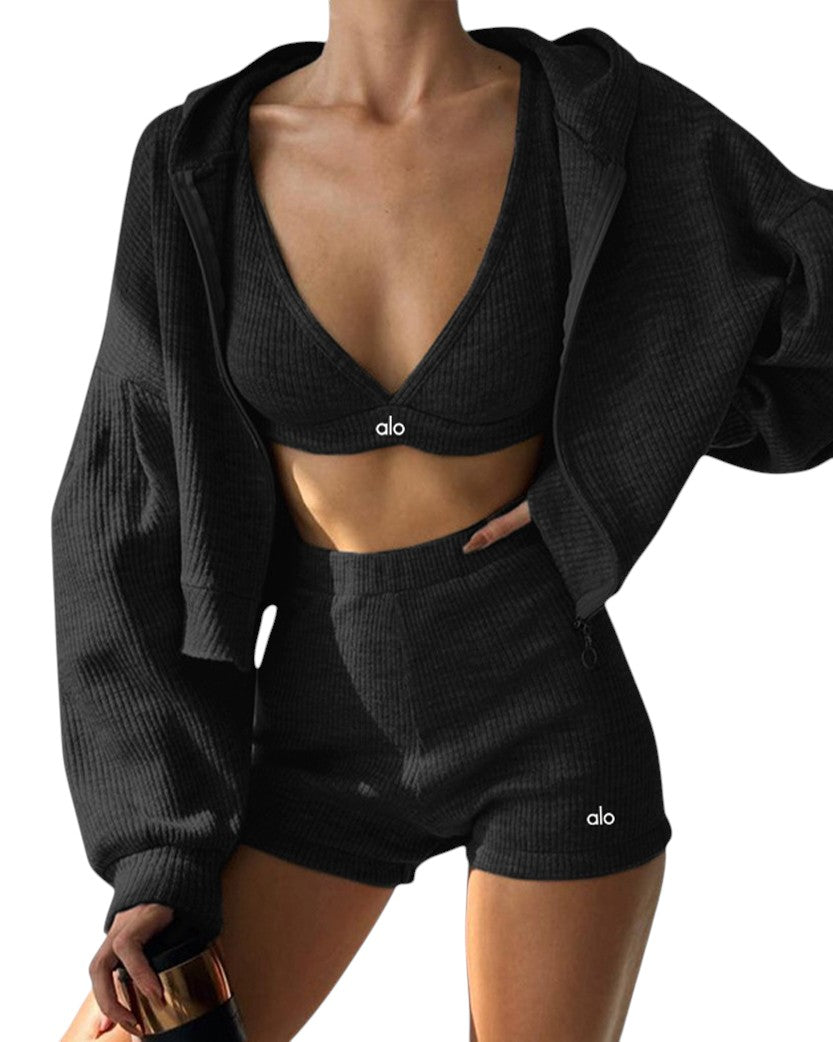 Alo Yoga Ribbed Three-Piece Tracksuit Black