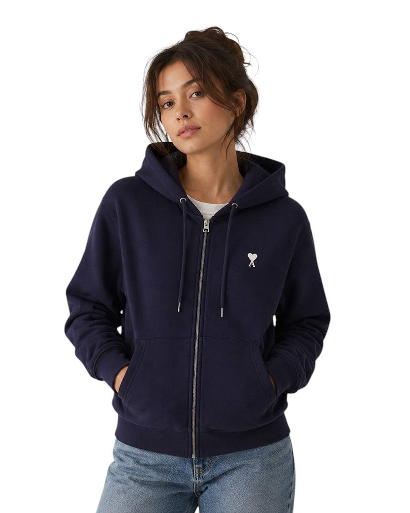 AMI Paris Ami De Coeur White Heart Zipped Hoodie Navy Blue
