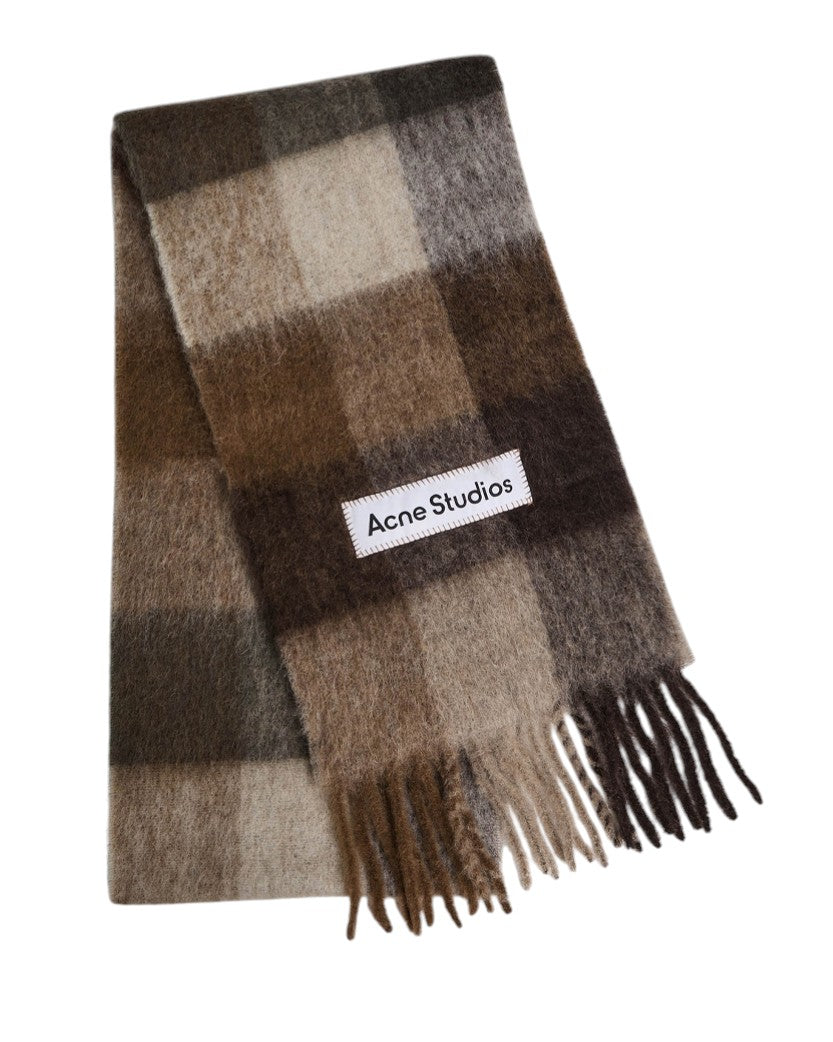 Acne Studios Checked Wool Fringe Scarf Dark Brown/White/Brown