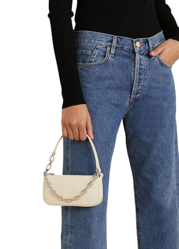 By Far Mini Rachel Croco Embossed Leather Cream