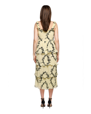 GANNI Floral Pleated Georgette Midi Dress Yellow