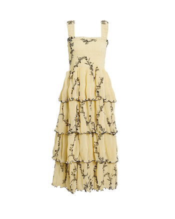 GANNI Floral Pleated Georgette Midi Dress Yellow