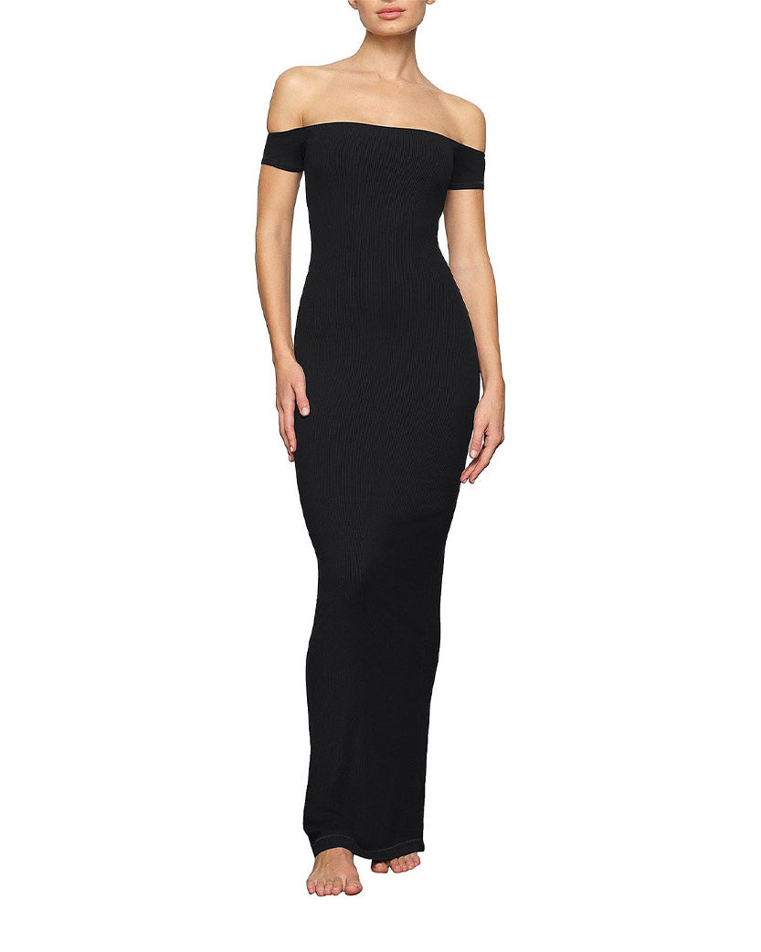 Skims Soft Lounge Off The Shoulder Ribbed Dress Onyx