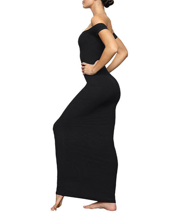 Skims Soft Lounge Off The Shoulder Ribbed Dress Onyx