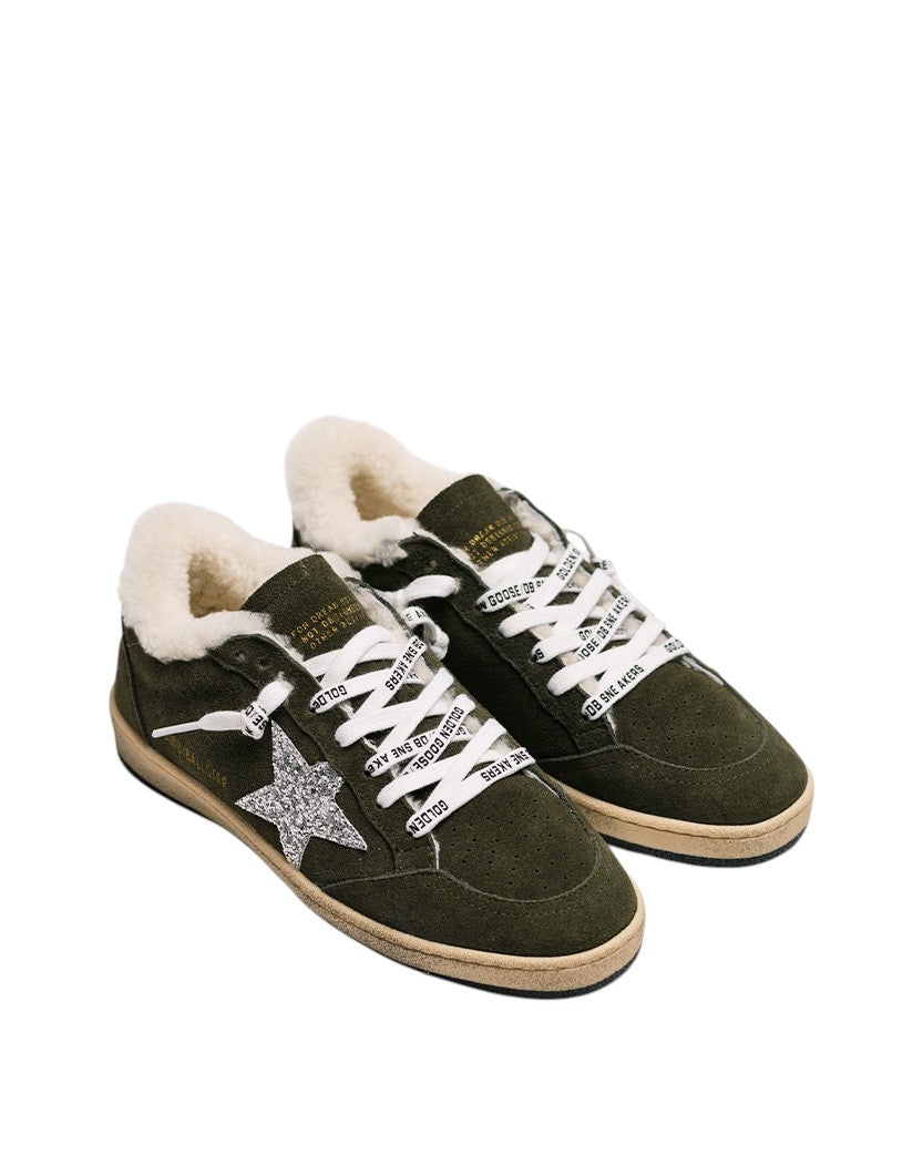 Golden Goose Ball Star in Wool with Green Suede and Silver Glitter Star