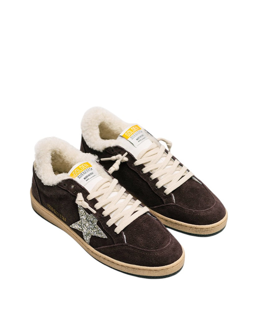 Golden Goose Ball Star in Wool with Brown Suede and Silver Glitter Star