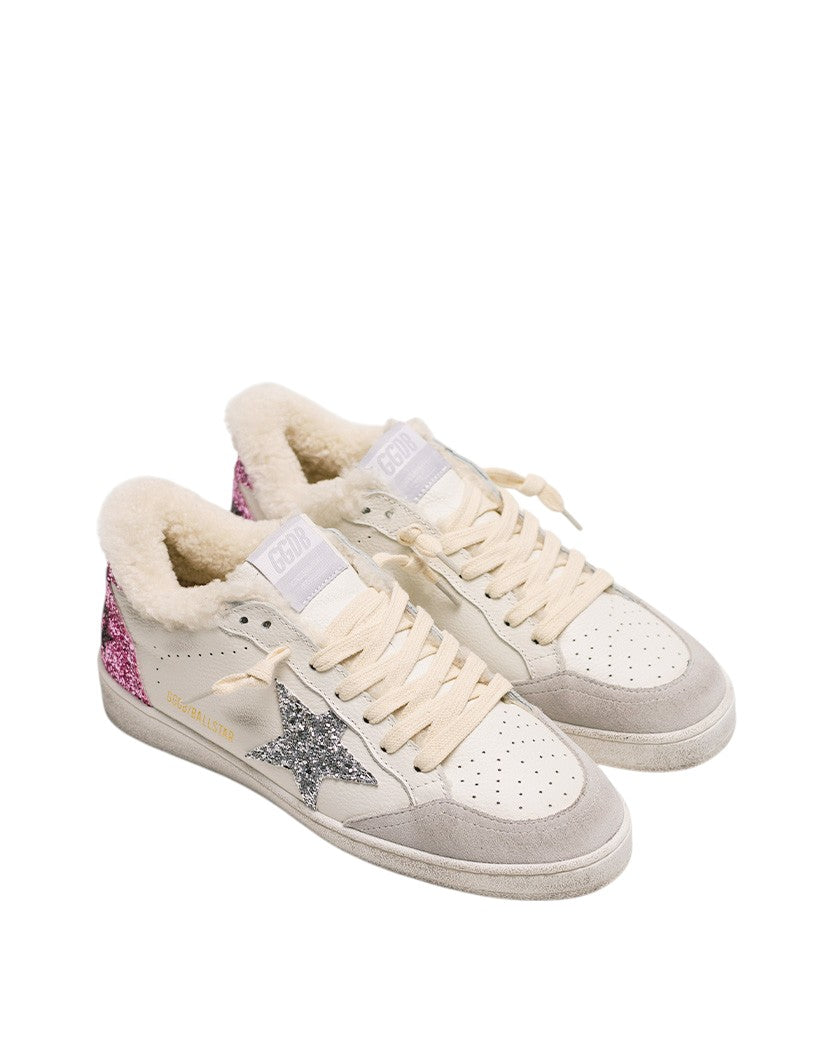 Golden Goose Ball Star in Wool White with Glitter Silver Star and Pink Heel Tab