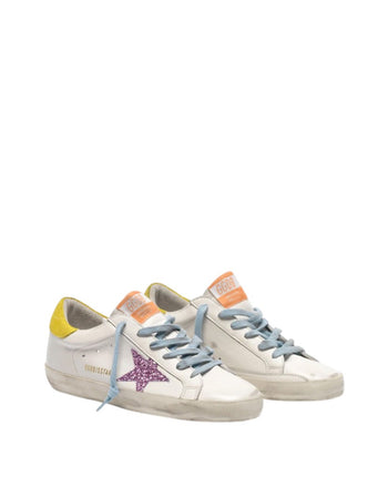 Golden Goose Superstar Sneakers With Pink Glittery Star and Yellow