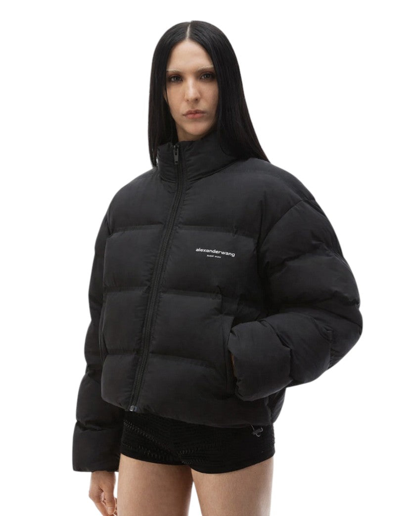 Alexander Wang Cropped Puffer Coat With Reflective Logo Black