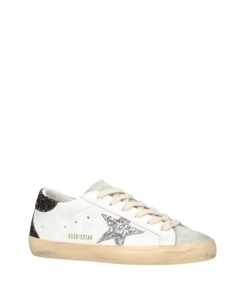 Golden Goose Super-Star with Silver Star and Brown Glitter Heel Tab