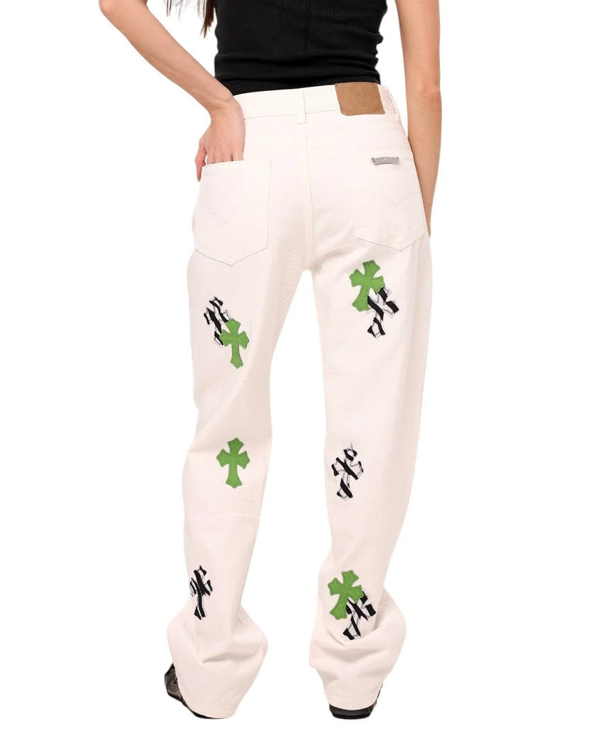 Chrome Hearts Jeans with Green and Black Cross White CH132-WT