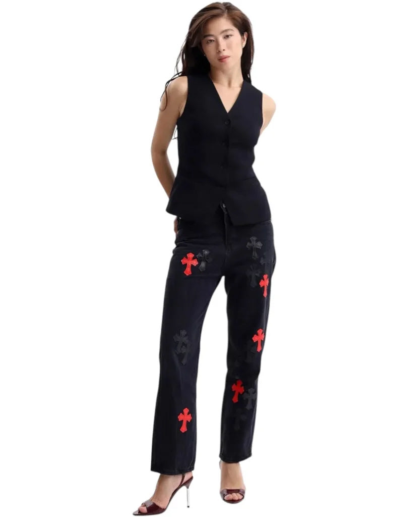 Chrome Hearts Jeans with Red and Tonal Cross Black CH128-BK