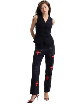 Chrome Hearts Jeans with Red and Tonal Cross Black CH128-BK