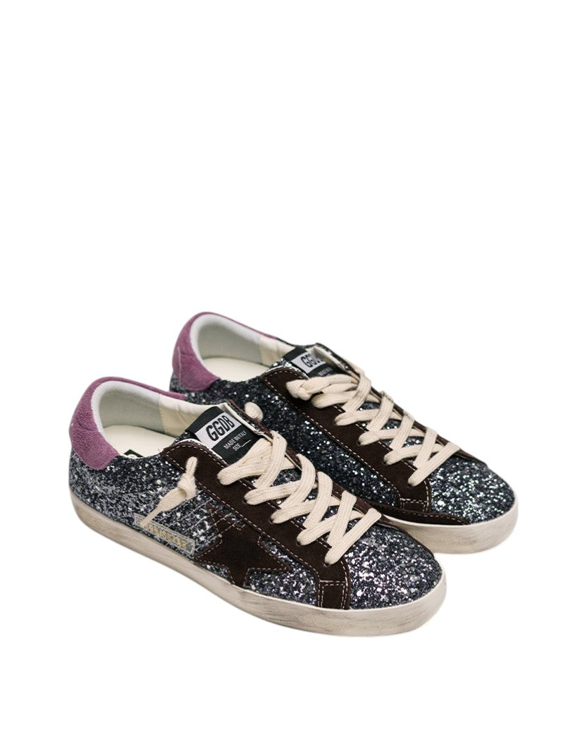 Golden Goose Super-Star in Glitter with Brown Star and Lilac Heel Tab