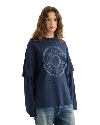 Acne Studios Distressed Logo Print Layered Long Sleeve Dark Navy