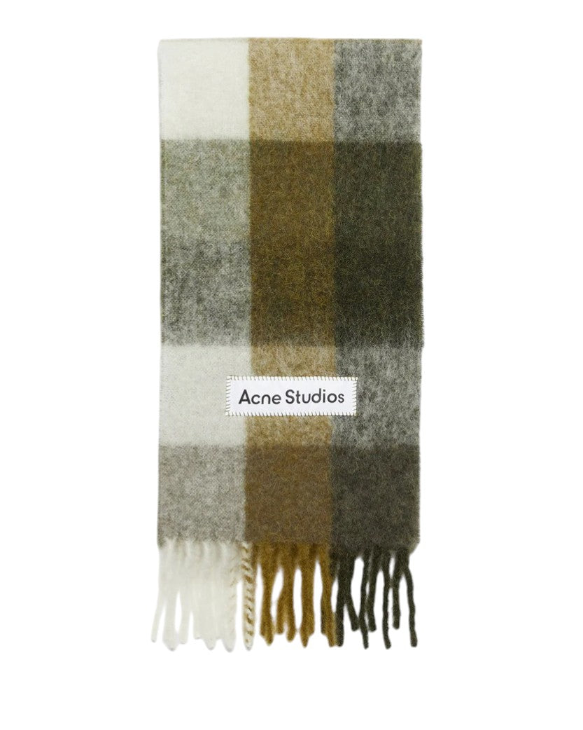 Acne Studios Checked Wool Fringe Scarf Taupe/Green/Black
