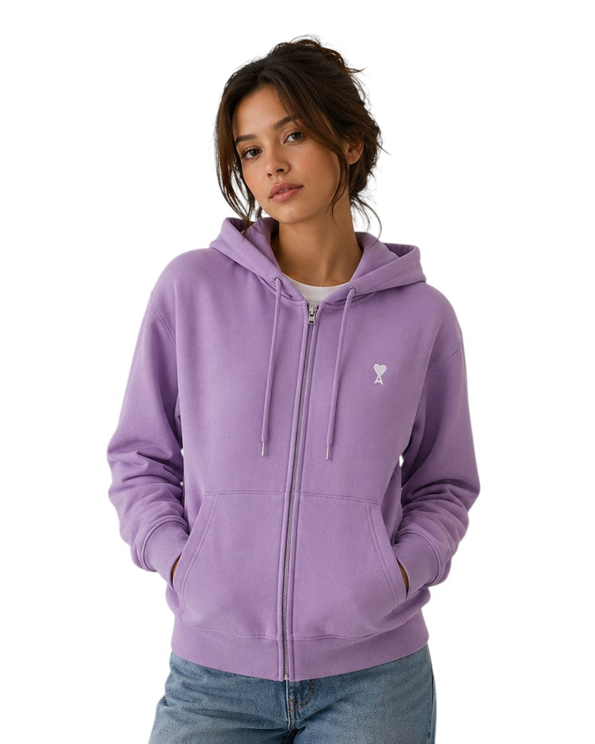 AMI Paris Ami De Coeur White Heart Zipped Hoodie Purple