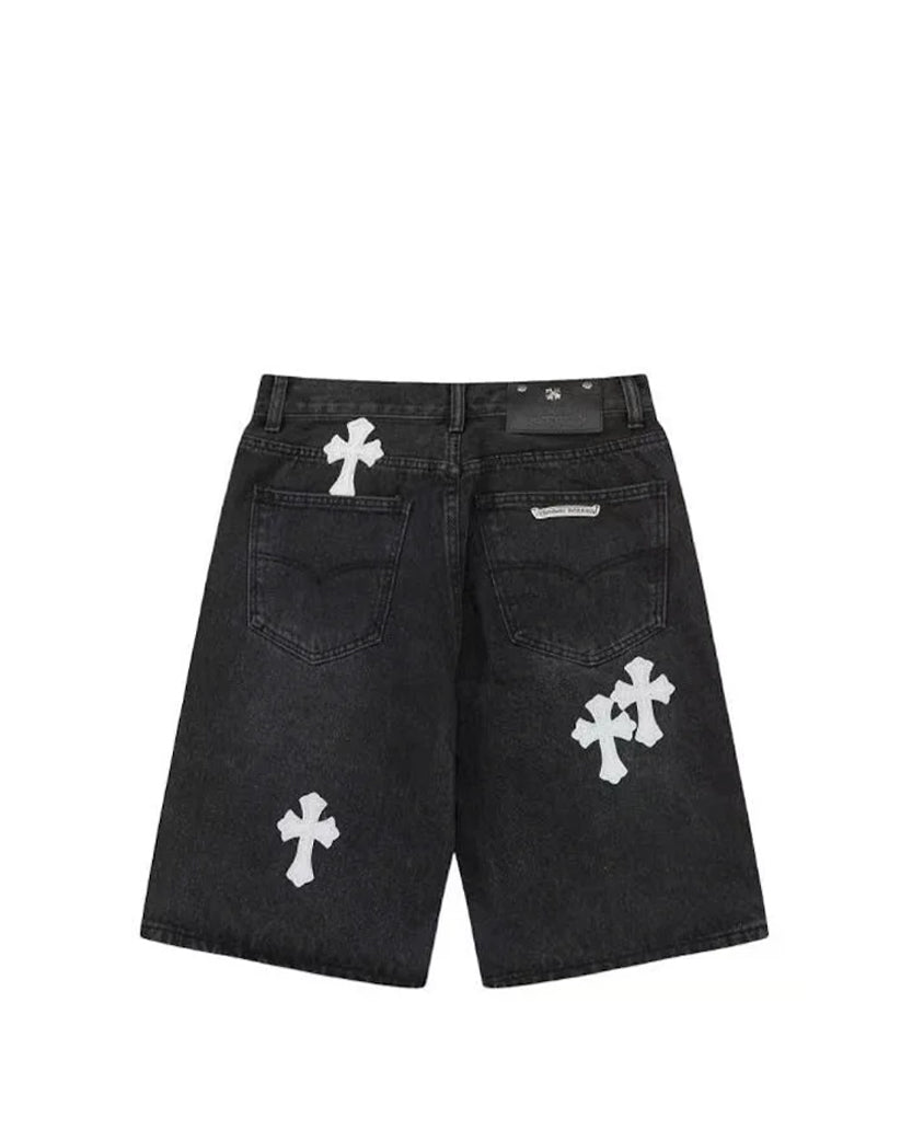 Chrome Hearts Denim Shorts with White Cross Black CH147-BK