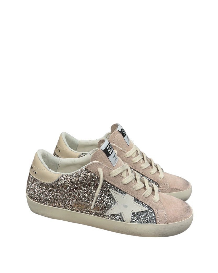 Golden Goose Super-Star in Silver Glitter with Pink Suede