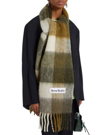 Acne Studios Checked Wool Fringe Scarf Taupe/Green/Black