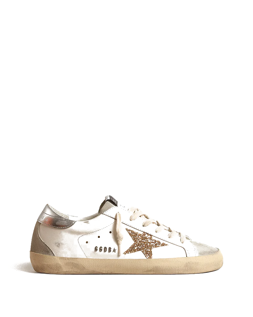 Golden Goose Super-Star with Gold Glitter Star and Ice-Gray Suede Inserts