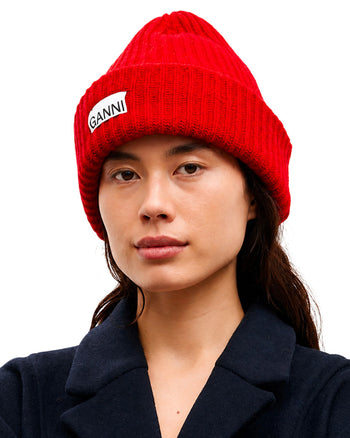 GANNI Wool Rib Knit Beanie Red