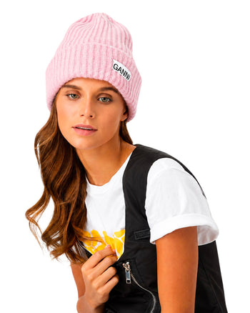 GANNI Wool Rib Knit Beanie Pink