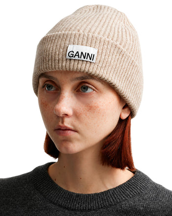 GANNI Wool Rib Knit Beanie Sand
