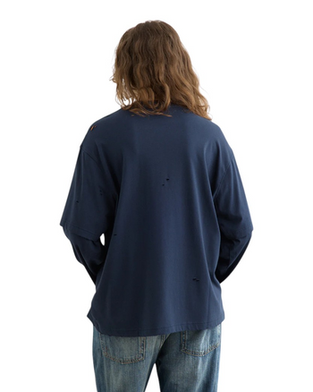 Acne Studios Distressed Logo Print Layered Long Sleeve Dark Navy