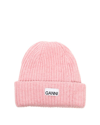 GANNI Wool Rib Knit Beanie Pink