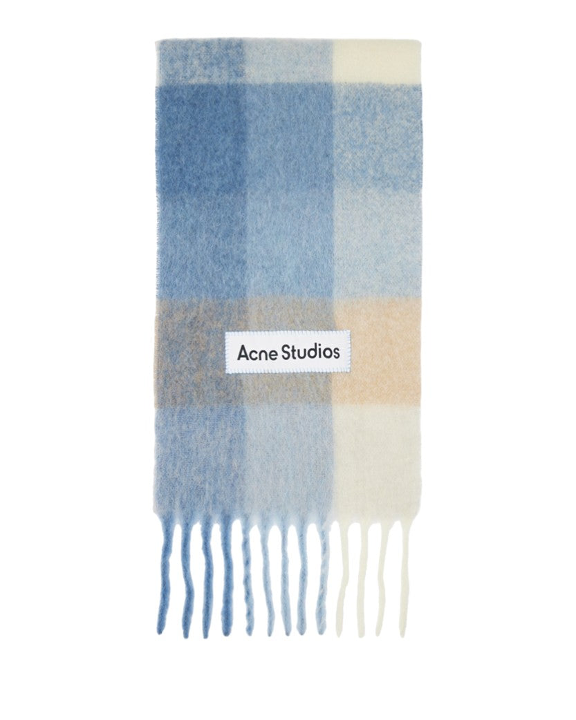 Acne Studios Checked Wool Fringe Scarf Pastel Blue/Beige