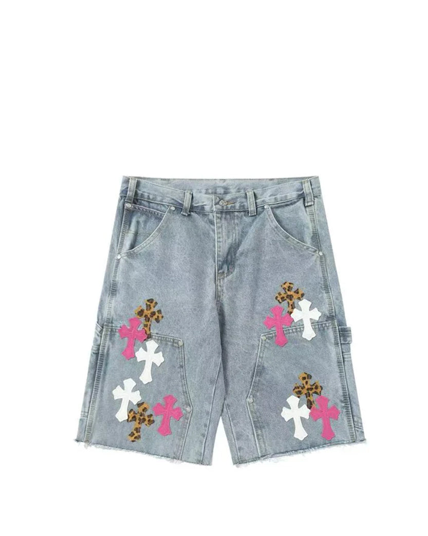 Chrome Hearts Denim Shorts with White and Pink Cross Light Blue CH148-LBL
