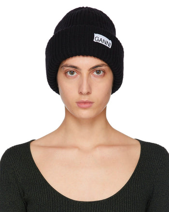 GANNI Wool Rib Knit Beanie Black