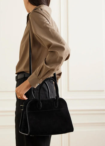 The Row Soft Margaux 10 Bag in Suede Black
