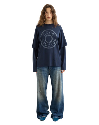 Acne Studios Distressed Logo Print Layered Long Sleeve Dark Navy
