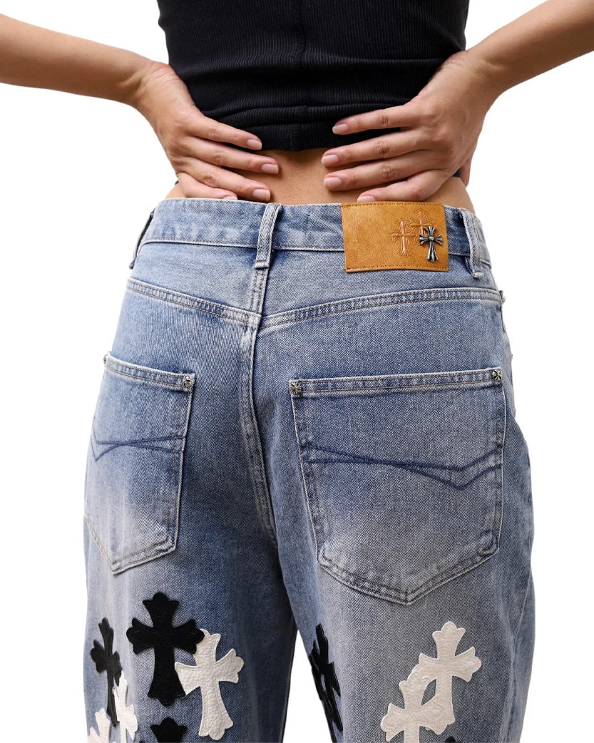 Джинси Chrome Hearts Jeans with White and Black Leather Cross