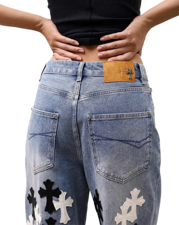 Chrome Hearts Jeans with White and Black Leather Cross Washed Blue