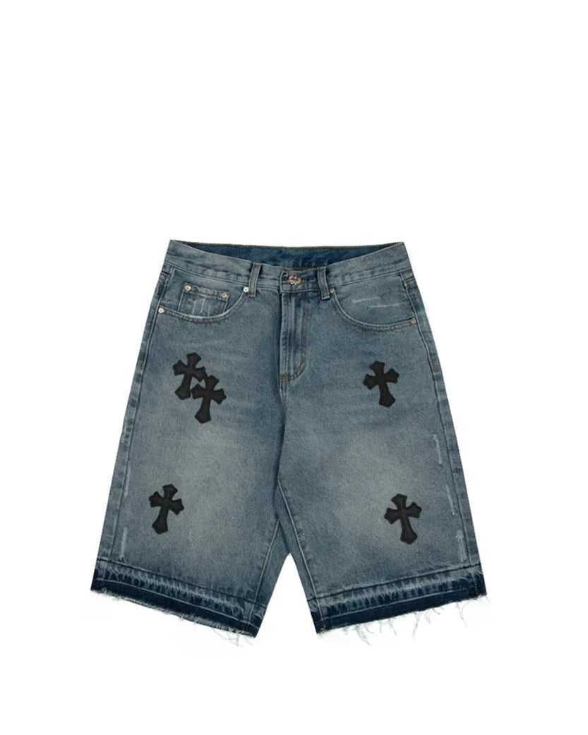 Chrome Hearts Denim Shorts with Black Cross Blue CH149-BL