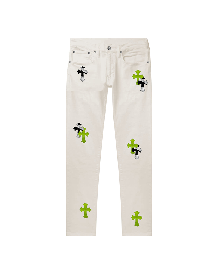 Chrome Hearts White Jeans with Neon Green & Zebra Cross Patches