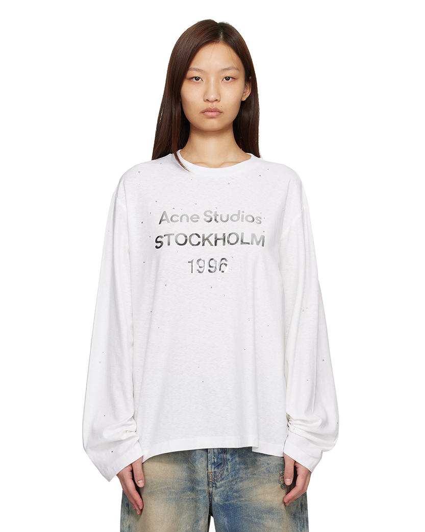 Acne Studios Rhinestone Logo Long Sleeve Optic White