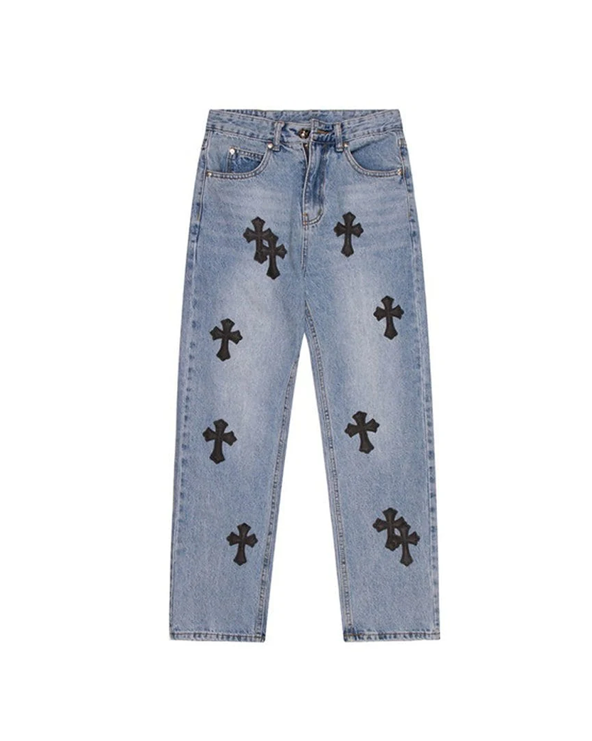 Chrome Hearts Washed Blue Jeans with Black Leather Cross Patches