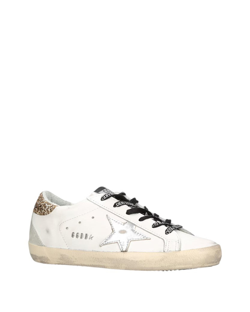 Golden Goose White Superstar Sneakers With Golden Glitter