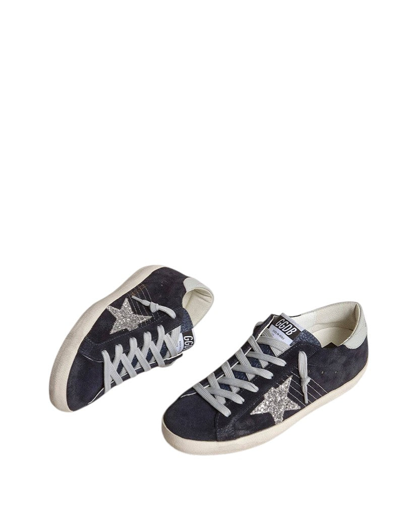 Golden Goose Super-Star in Blue Suede with Silver Glitter Star