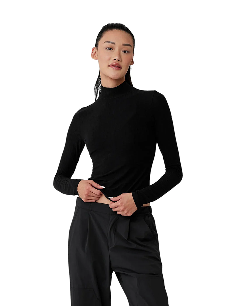 Alo Yoga Ribbed Sea Coast Mockneck Long Sleeve Black