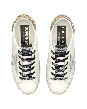 Golden Goose White Superstar Sneakers With Golden Glitter