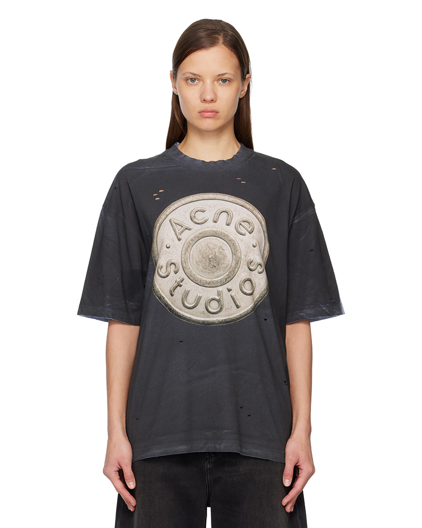 Acne Studios Button Logo Distressed T-Shirt Black