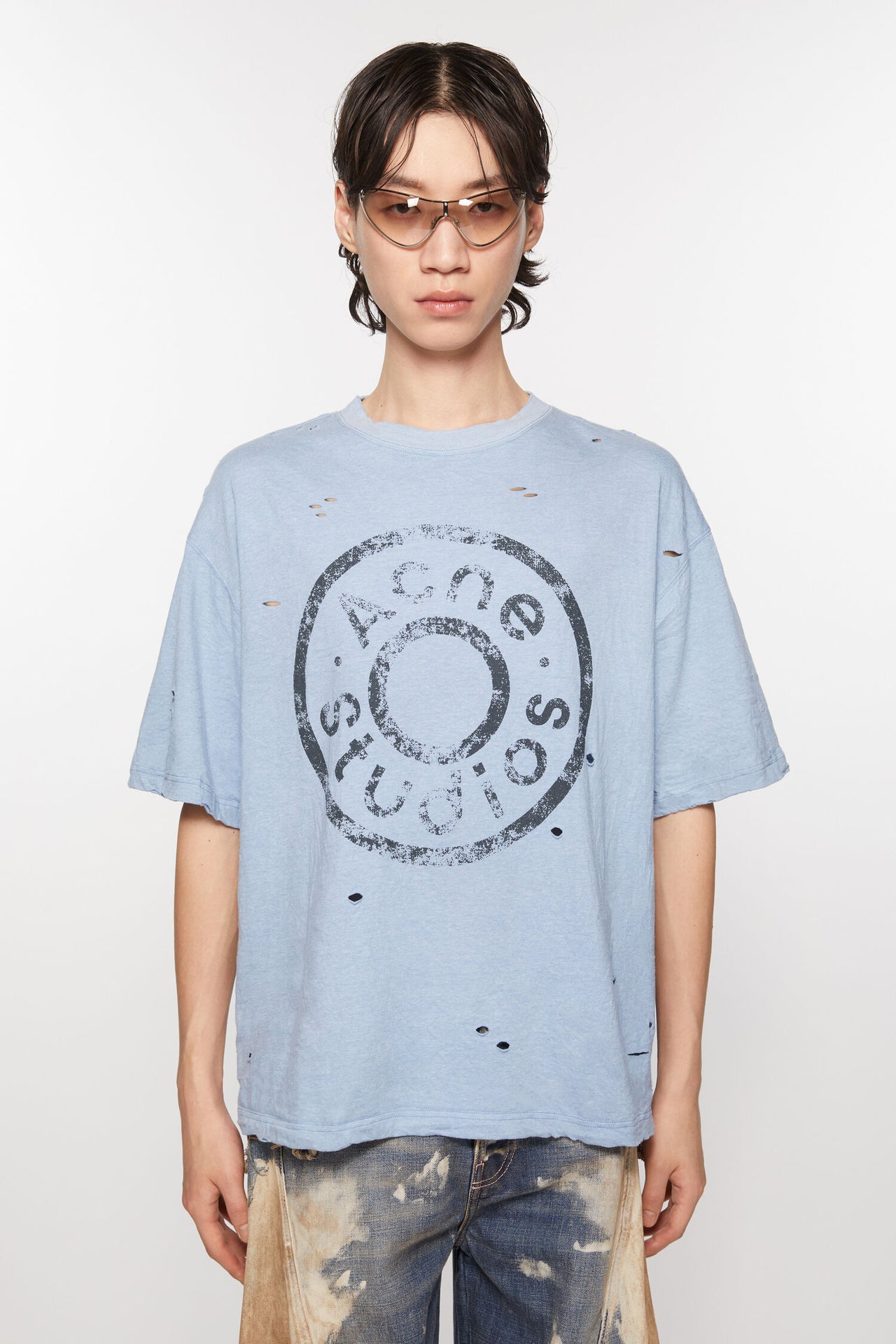 Acne Studios Distressed Logo Print T-Shirt Blue Melange