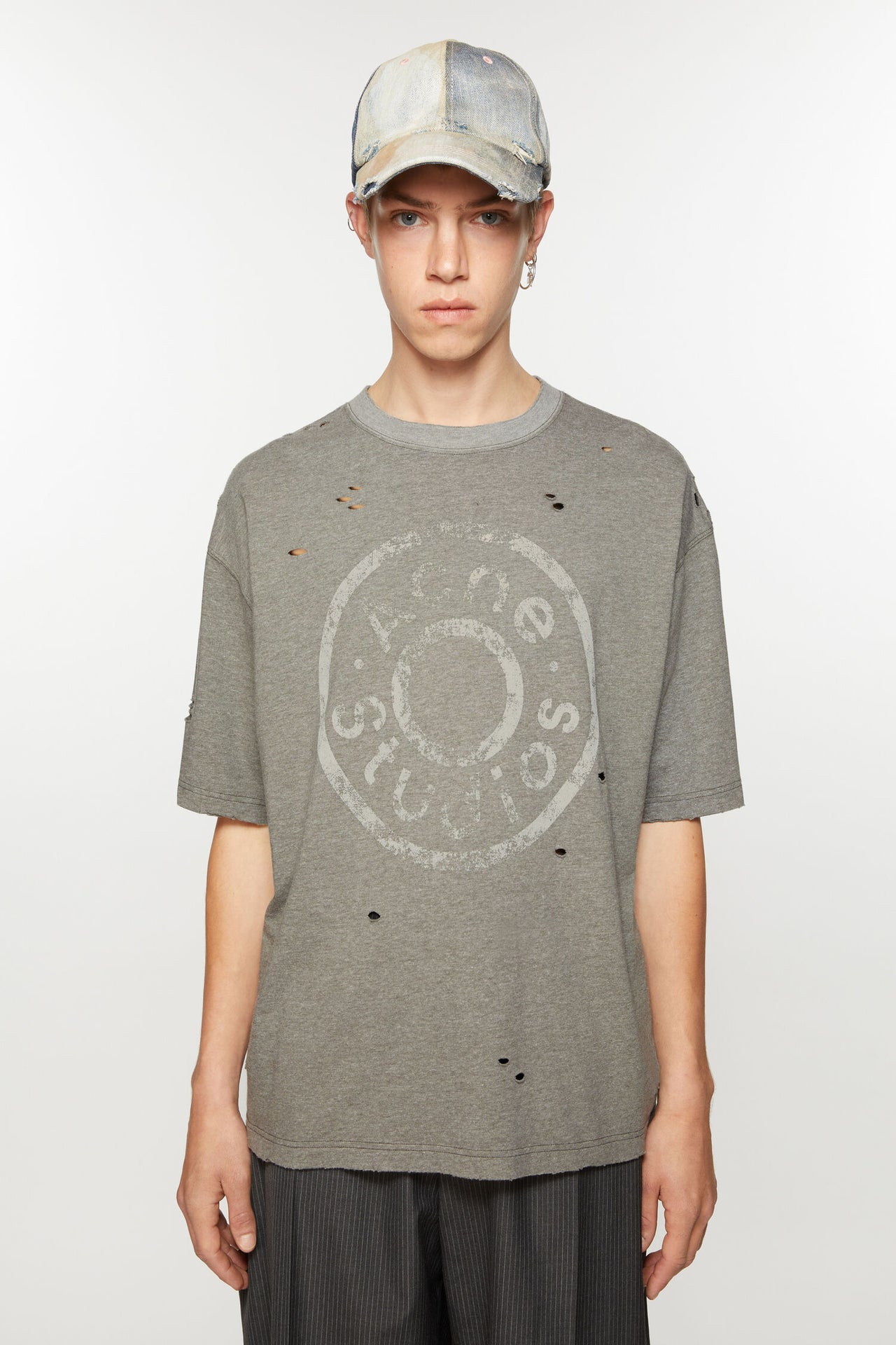 Acne Studios Distressed Logo Print T-Shirt Grey