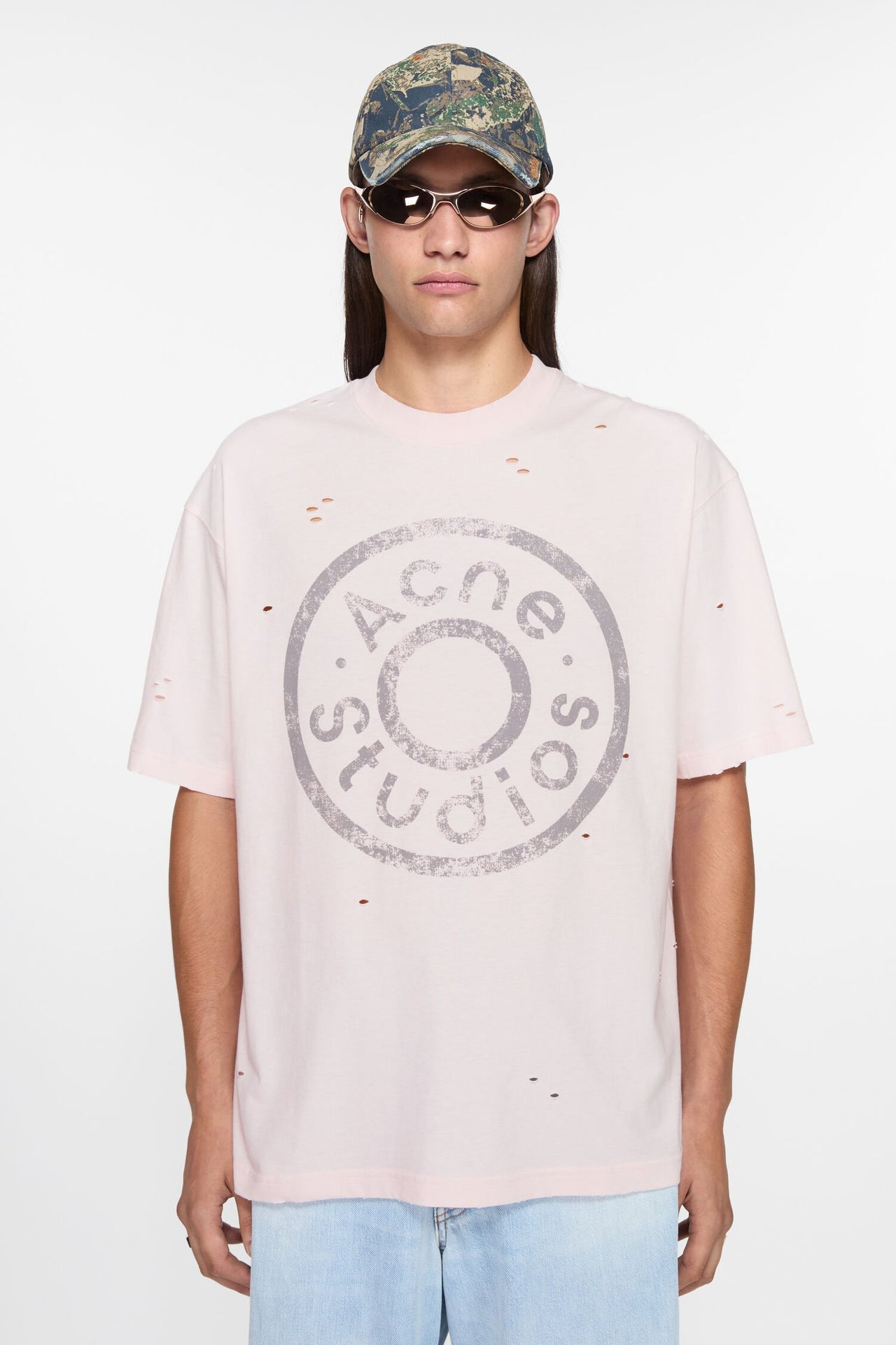 Acne Studios Distressed Logo Print T-Shirt Faded Pink