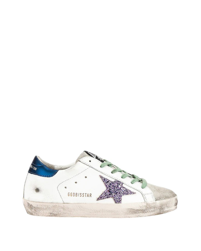 Golden Goose Super-Star in White Blue with Pink Glitter Star
